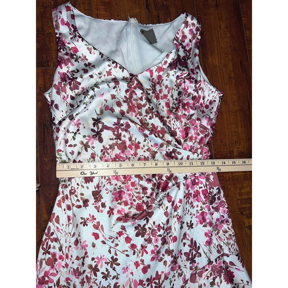 Taylor Floral Satin Midi Dress Women 4 pink Ruched Asymmetrical Handkerchief Hem - Picture 8 of 10
